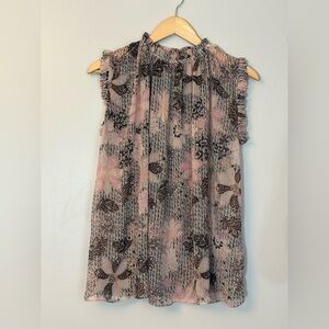Floral Ruffle Sleeveless Blouse - Pink/Black Sheer Y2K Size Small